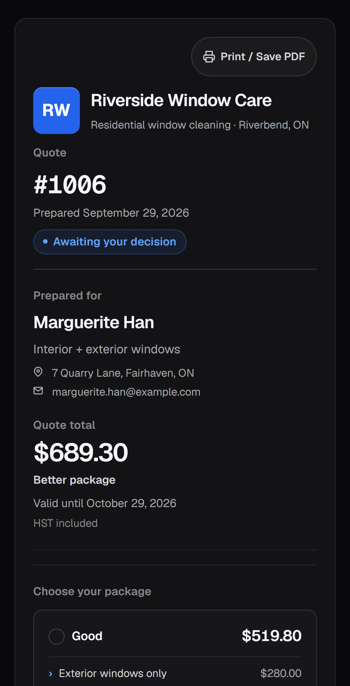 Top of a quote as the customer sees it: business name, quote number, who it's for, and the total.